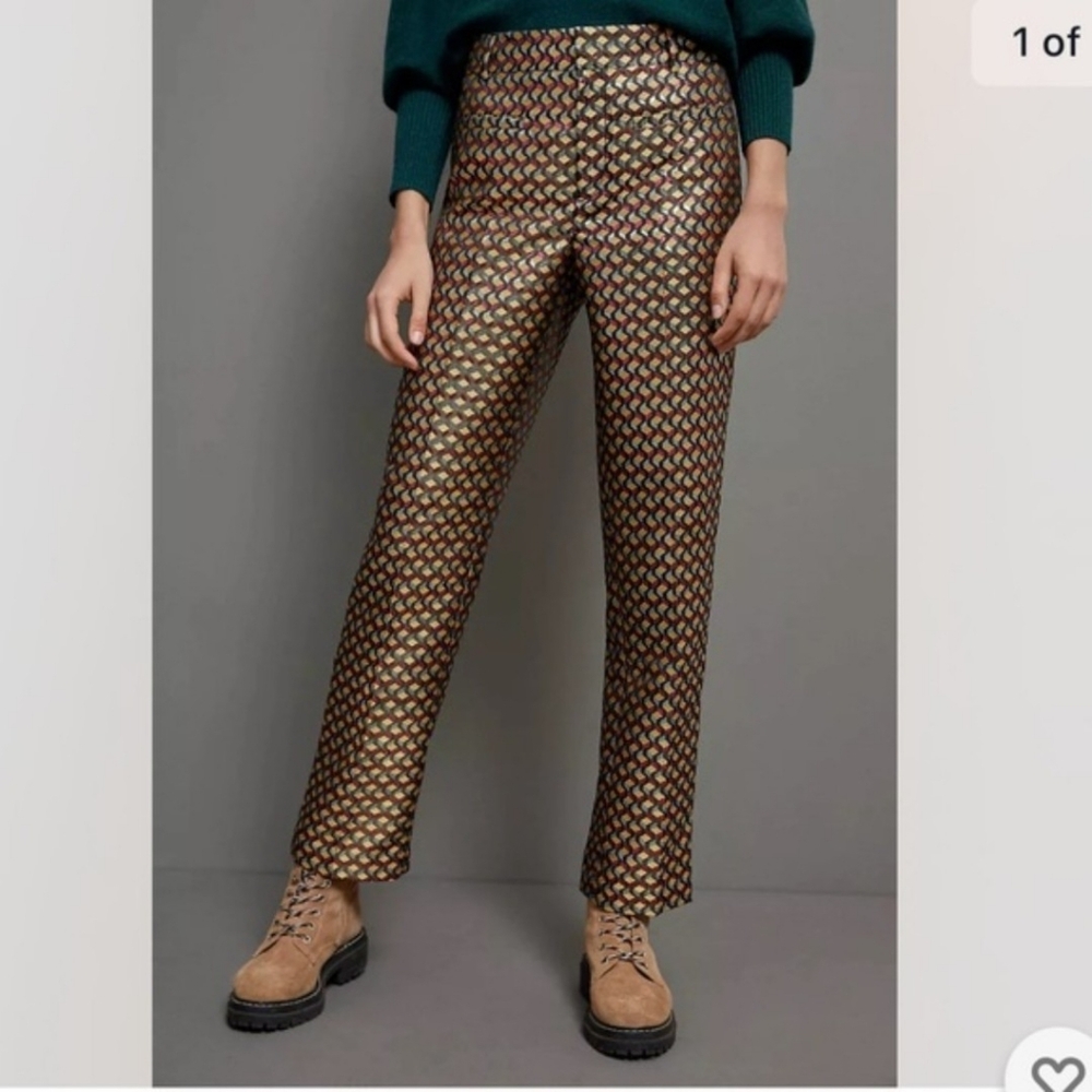 NWT Anthropologie Multicolor Geometric Metallic Printed Straight Pants Sz 8